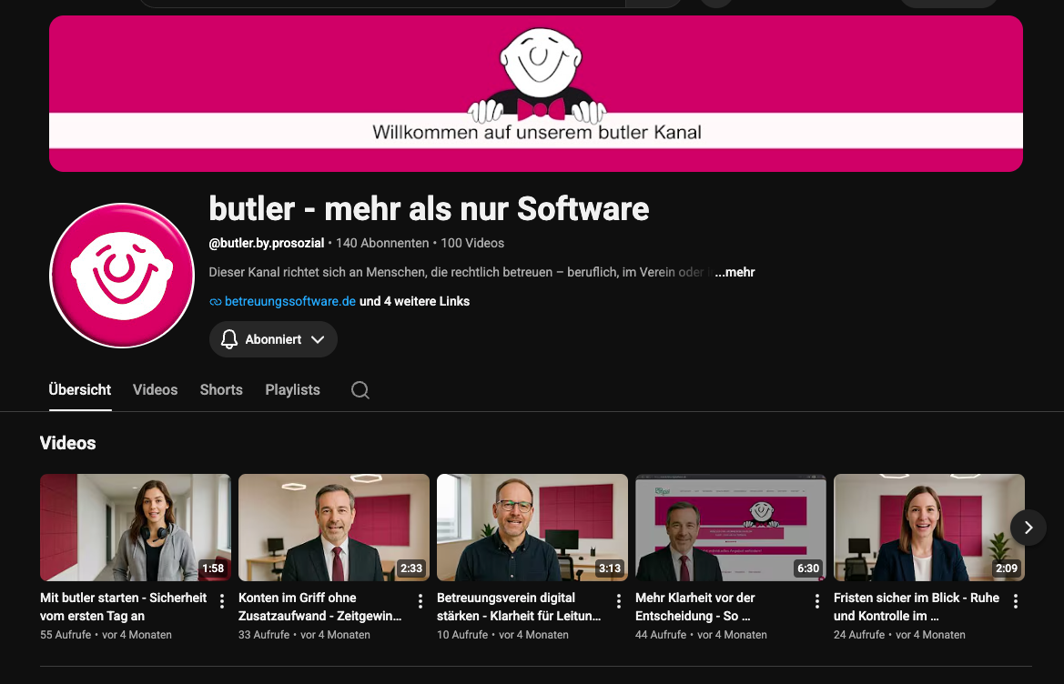 Screenshot des butler YouTube-Kanals mit Videos rund um rechtliche Betreuung